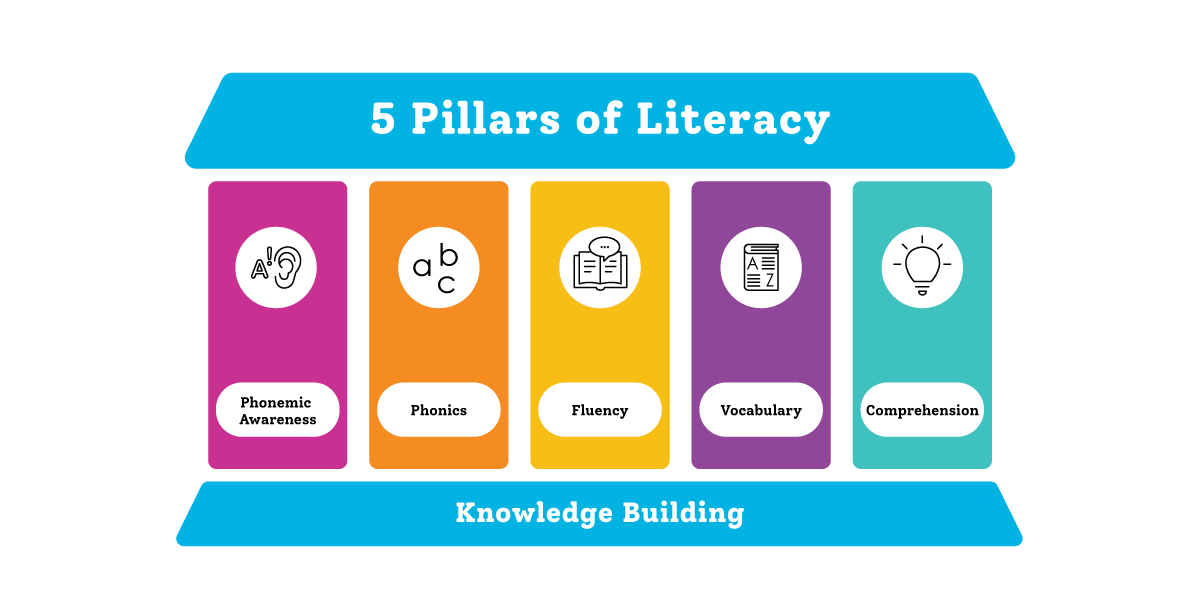 5 Pillars of literacy: Phonemic awareness, Phonics, Fluency, Vocabulary and Comprehension